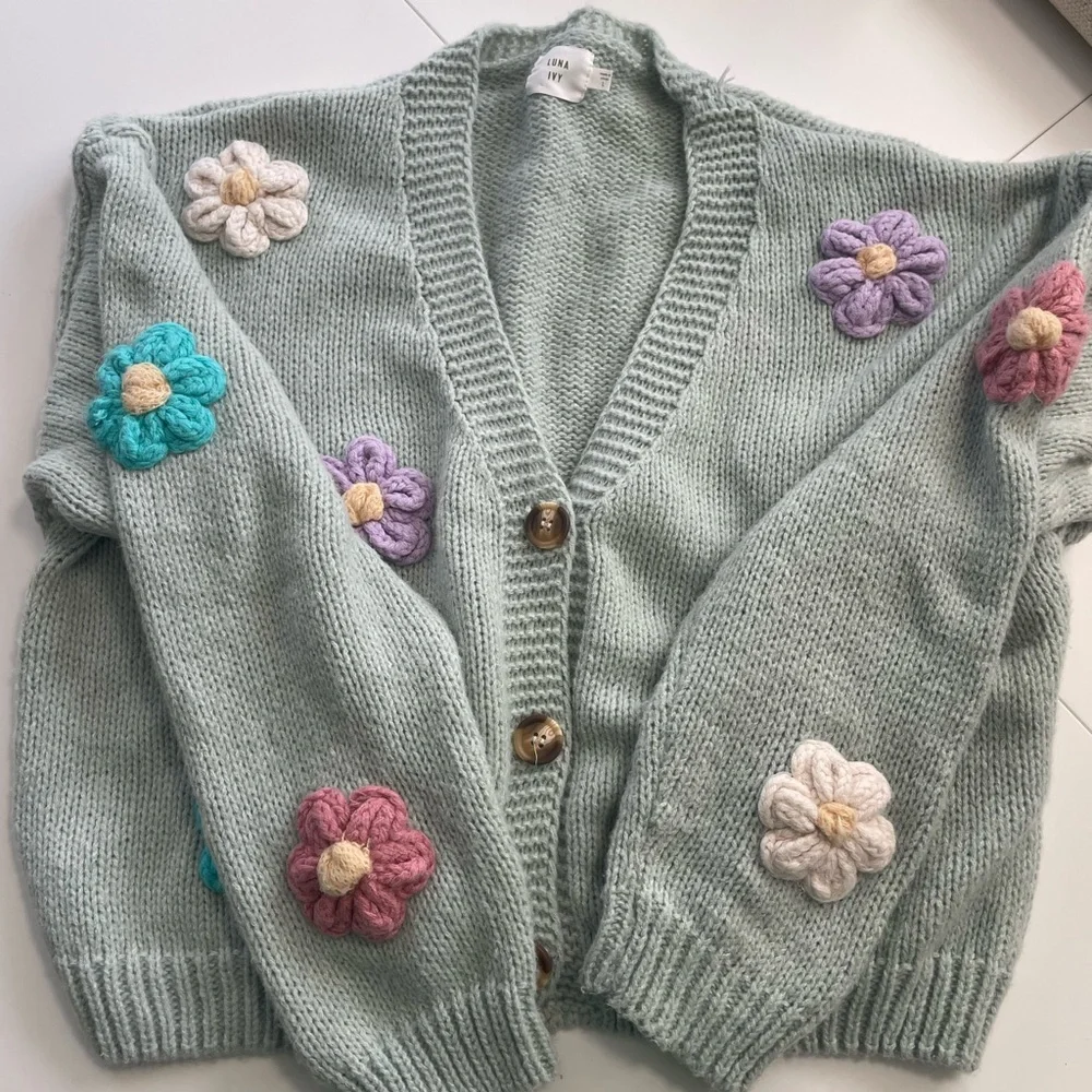 Floral Embroidered Cardigan - Green - Picture 1 of 7